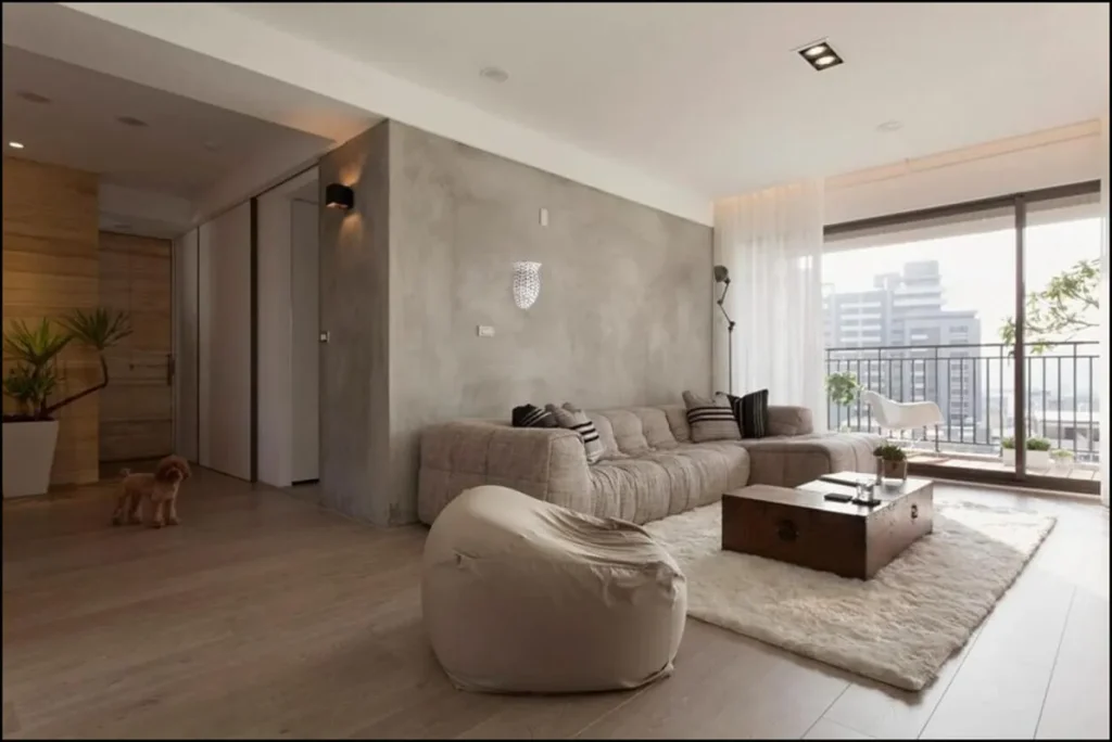 Decorative concrete wall in a bright modern room.
