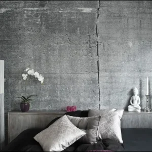Industrial-inspired interior with a concrete-effect finish.