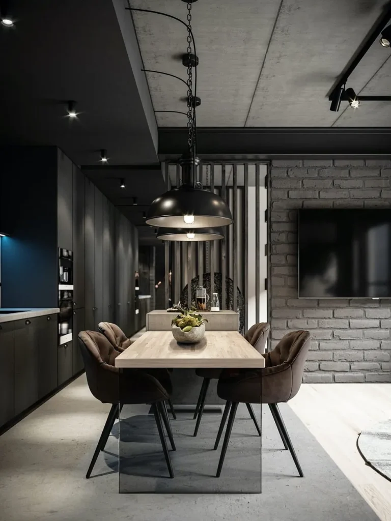 Loft-style lighting above a contemporary living area.