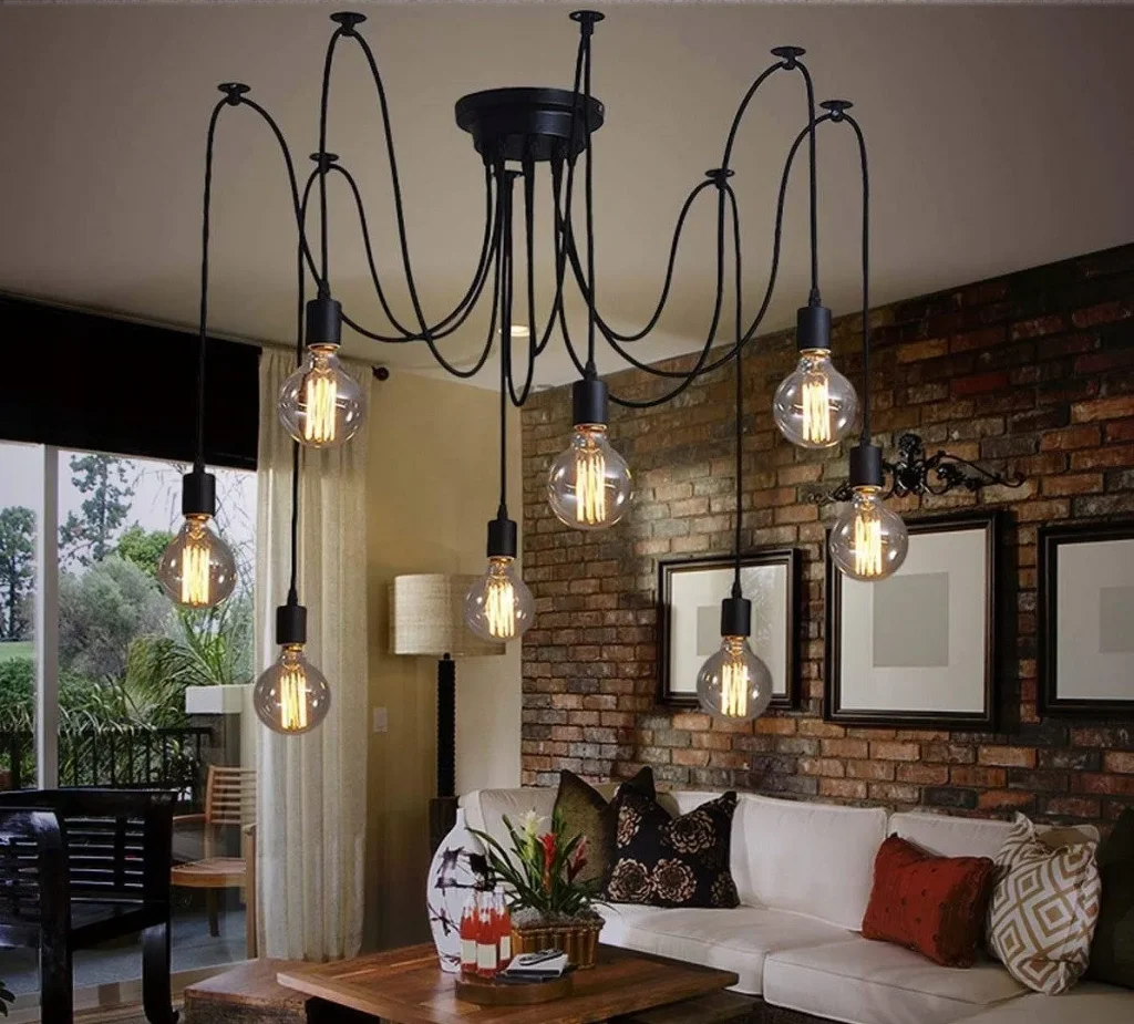 Interior with decorative industrial light fixtures.