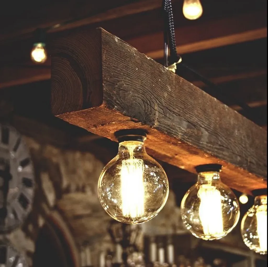 Industrial-style lighting creating a warm atmosphere.