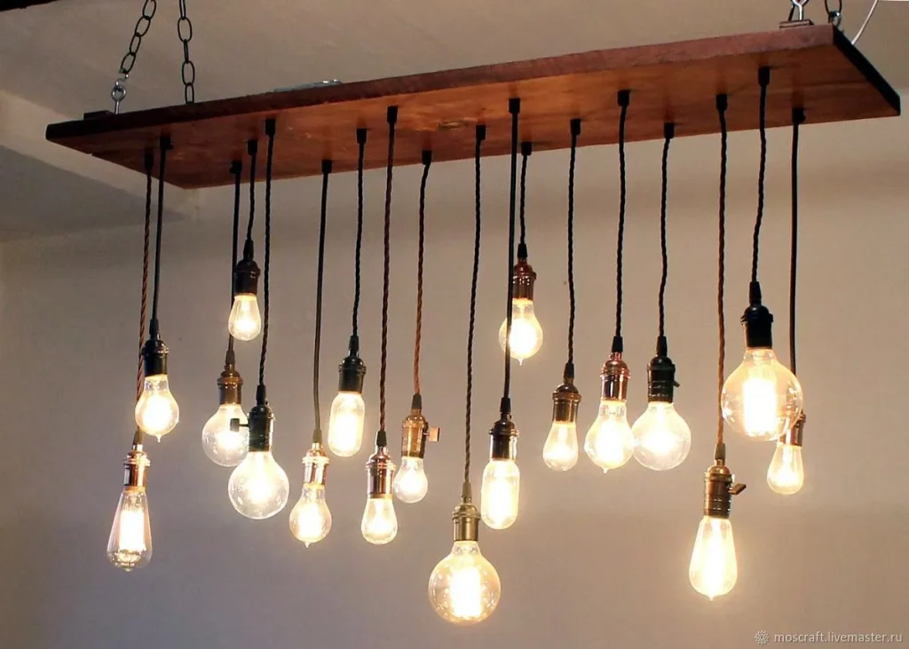 Decorative pendant lighting in an industrial-inspired interior.