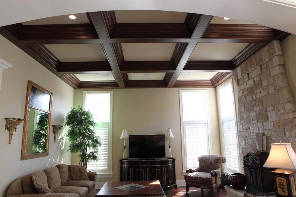 Bright living space with thin decorative wood beams across the ceiling.