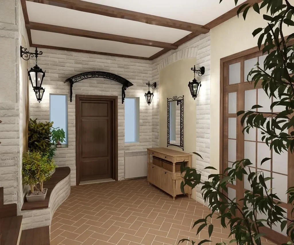 Bedroom interior with exposed wooden ceiling beams and warm lighting.