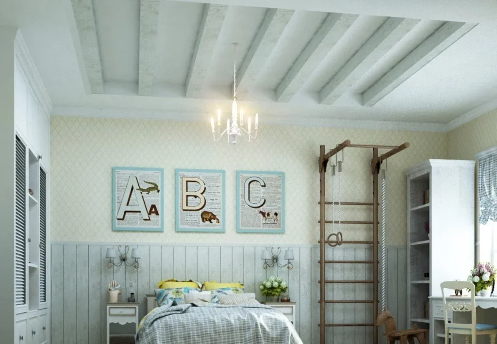 Industrial ceiling featuring a combination of metal beams and wooden planks.