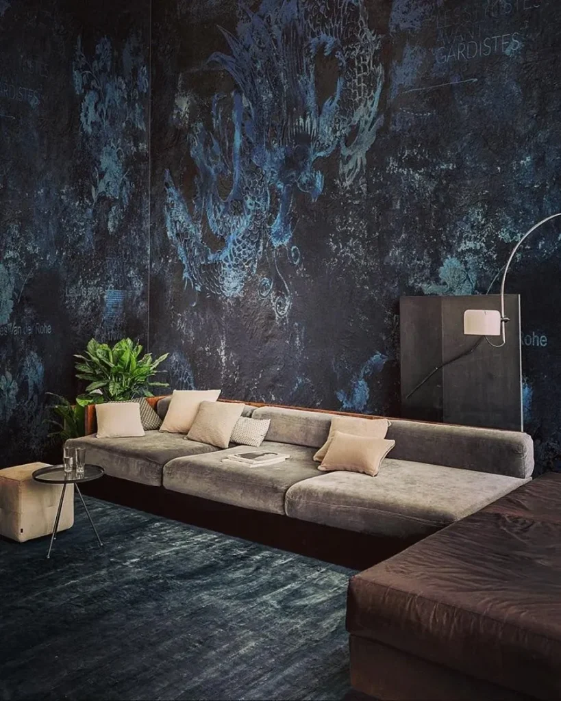 Modern residential interior with a decorative concrete wall.
