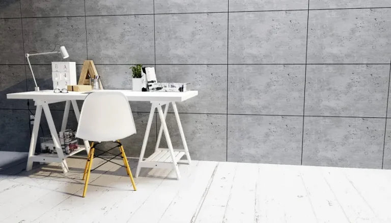 Textured decorative wall inspired by concrete in a living room.