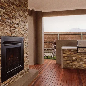 Cozy living room interior with a detailed stone feature wall