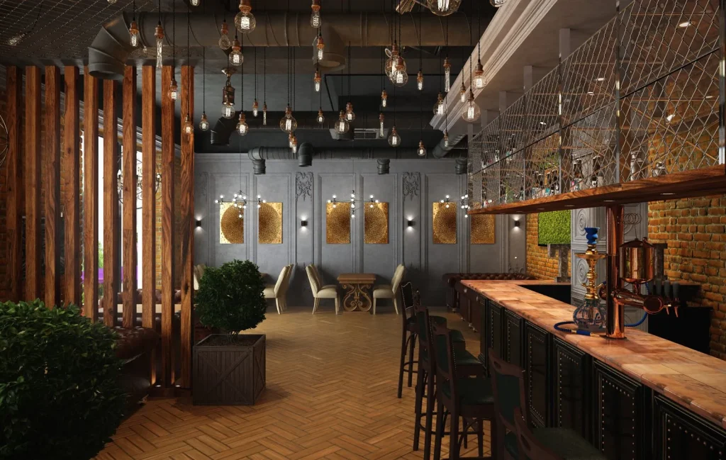 Modern cafe interior featuring dark painted ceilings and wooden wall accents.