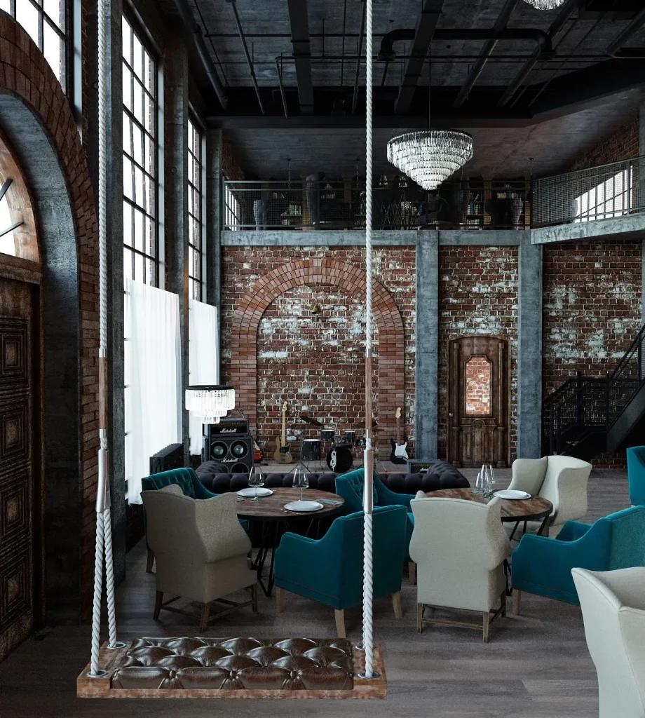 Cafe window seating area featuring high stools and a long wooden counter.