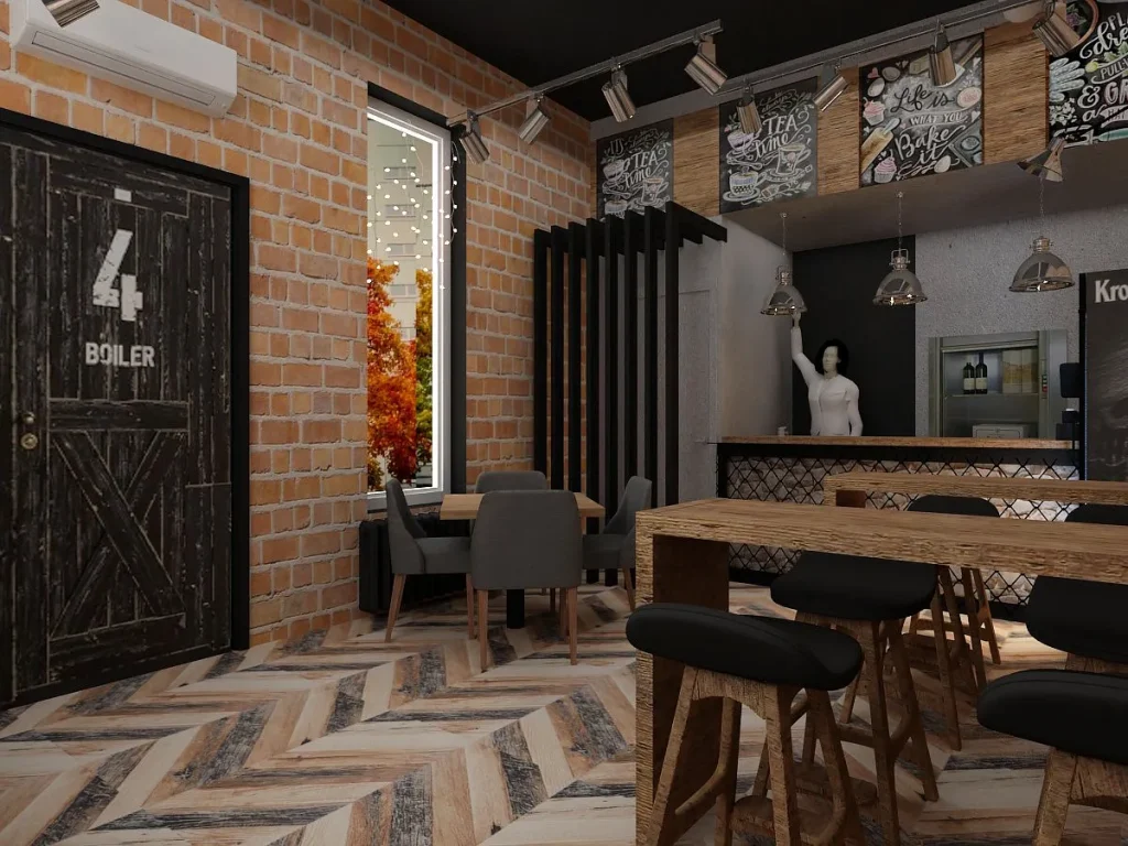 Modern loft-style cafe featuring hanging metal pendant lights and bar seating.