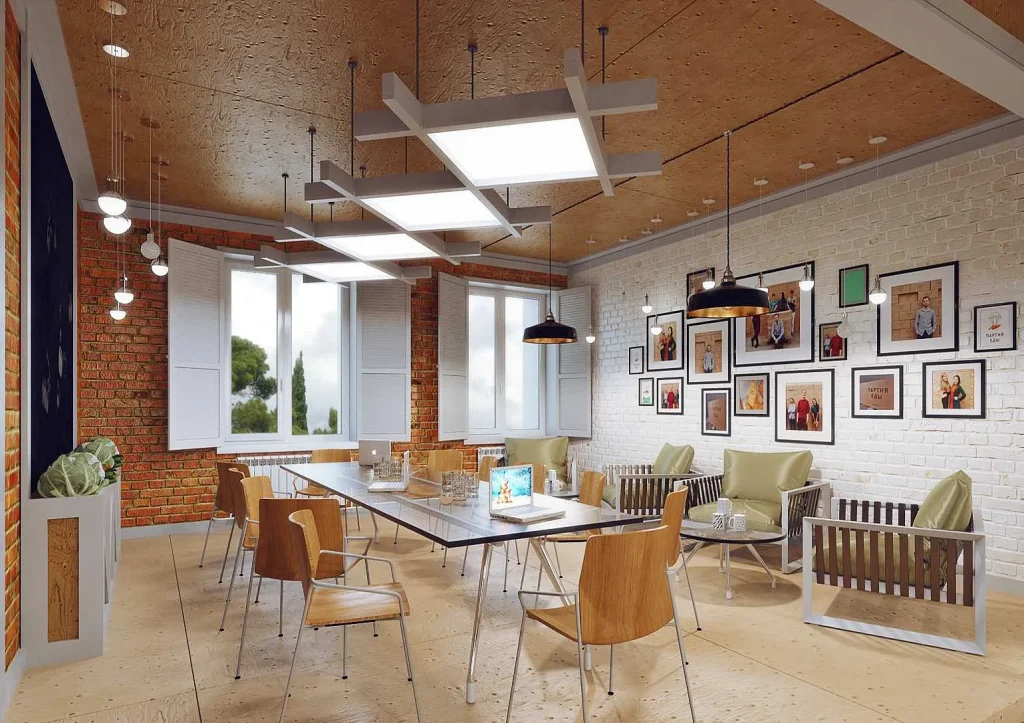Industrial loft cafe interior with exposed brick walls and wooden tables.