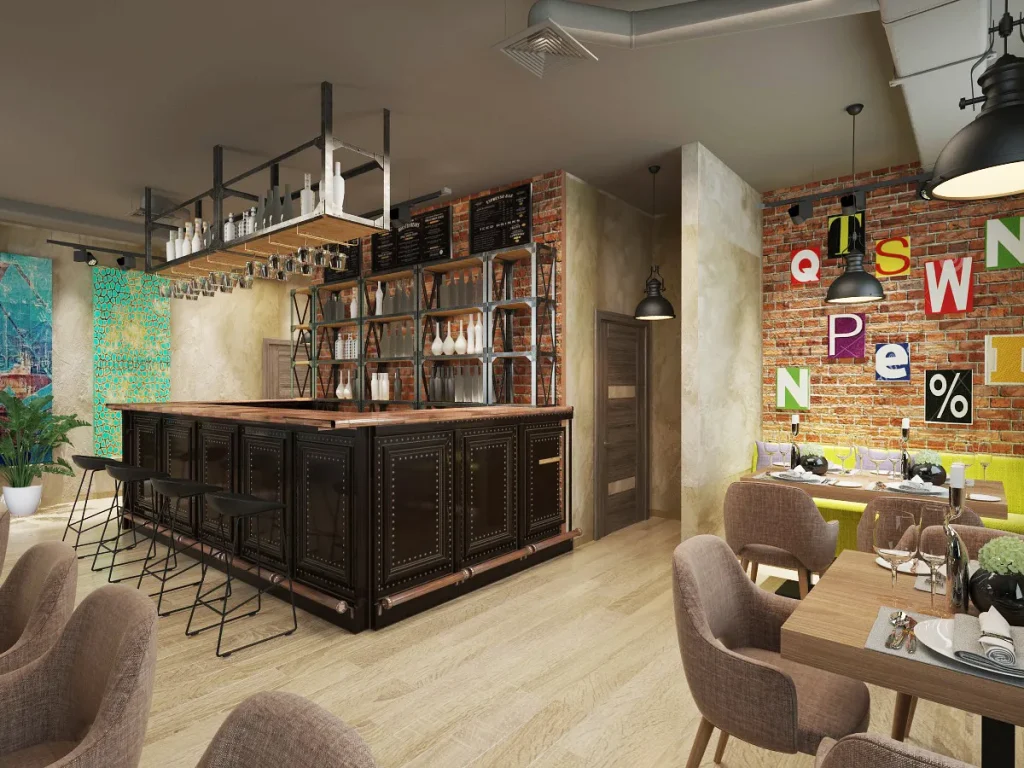 Cafe interior featuring concrete pillars and exposed ceiling beams.