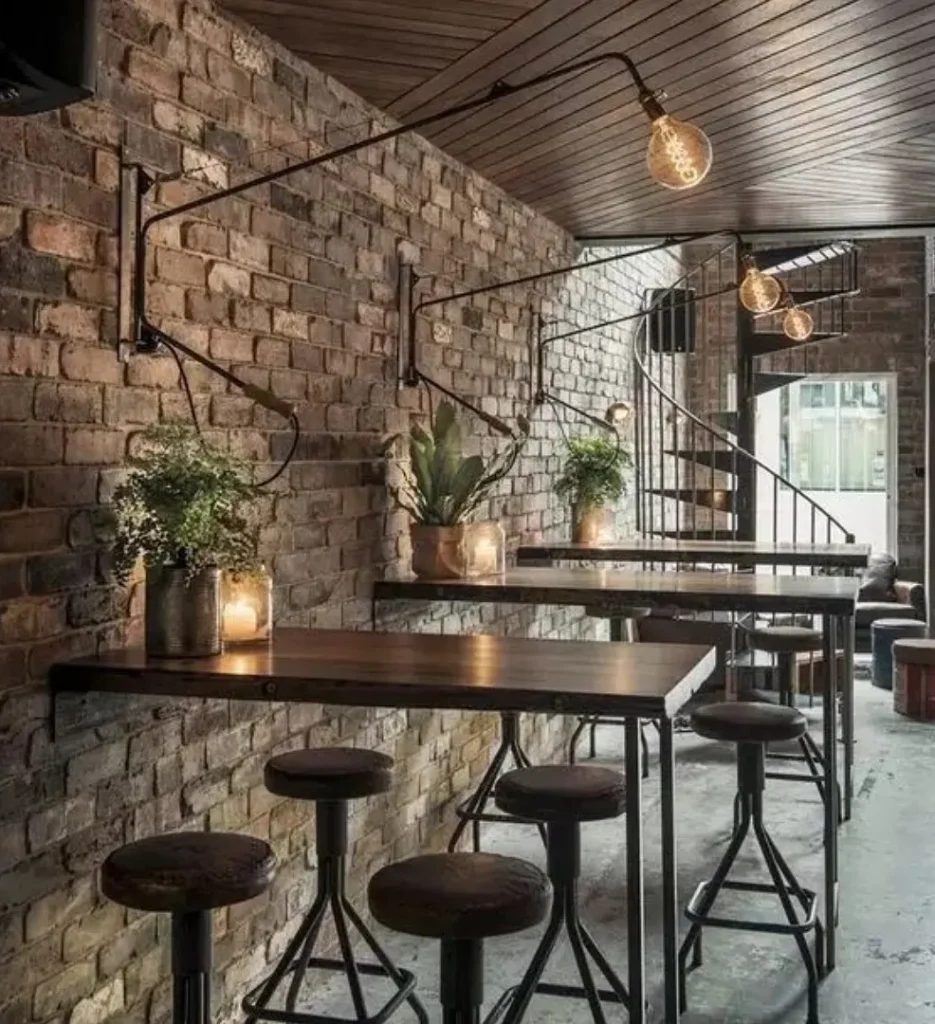 Cafe interior with a mix of raw timber, black metal, and exposed brickwork.