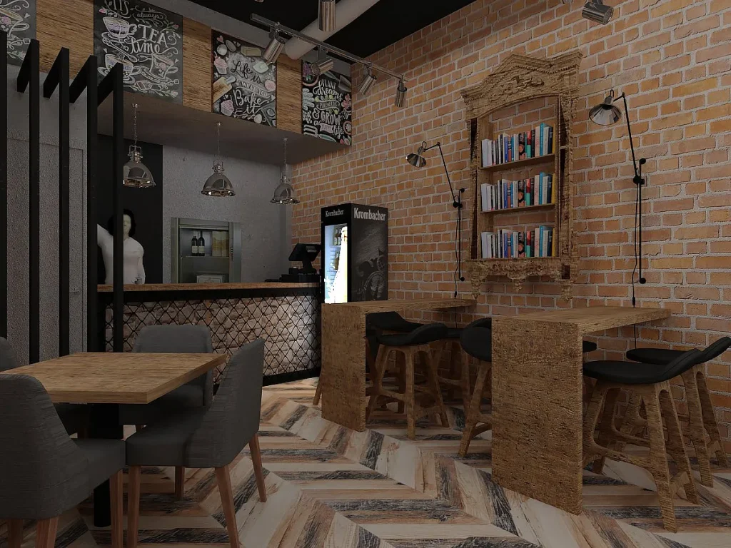 Loft-style coffee shop interior featuring a long communal wooden table.