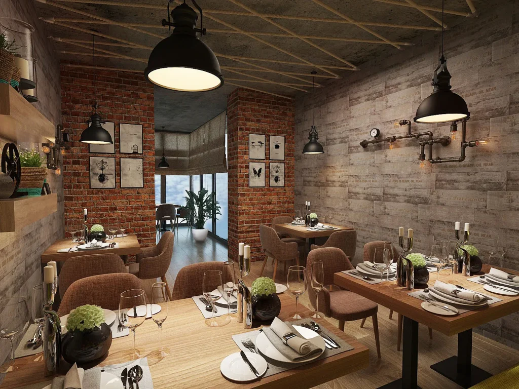 Cafe interior featuring concrete pillars and exposed ceiling beams.