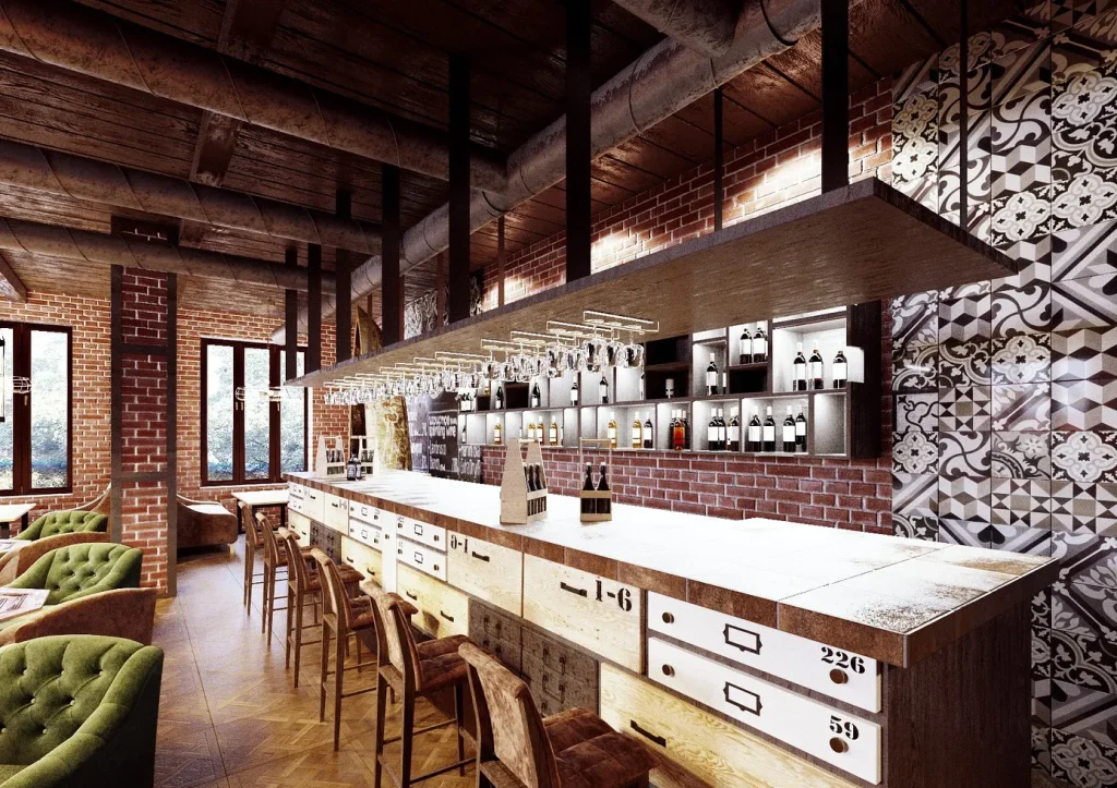 Open-plan cafe design with concrete flooring and minimalist wooden furniture.
