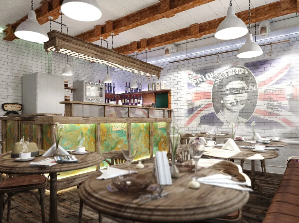 Industrial loft cafe interior with exposed brick walls and wooden tables.