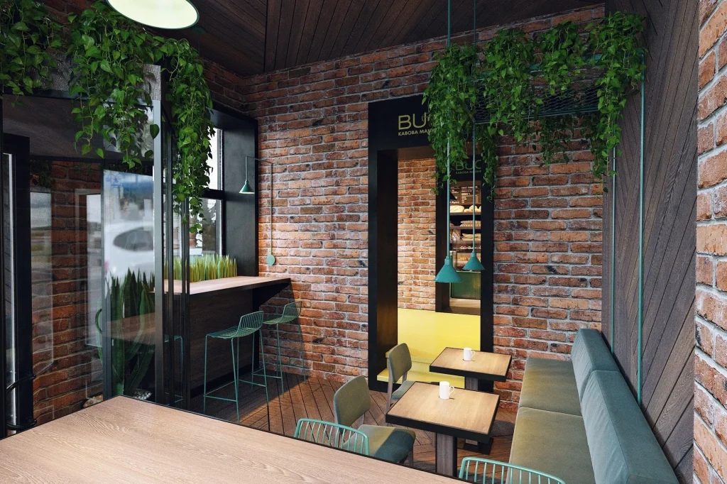 Cafe counter made of reclaimed wood and black metal in a loft setting.