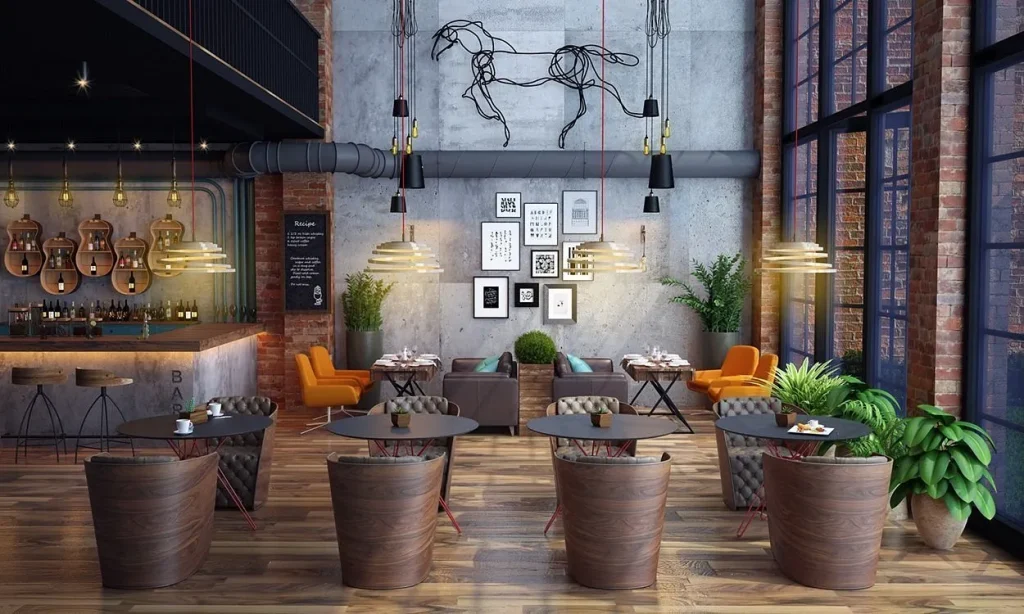 Modern cafe interior featuring dark painted ceilings and wooden wall accents.