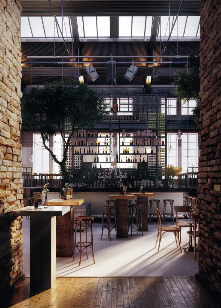 Industrial cafe space with a large chalkboard menu and wooden counters.