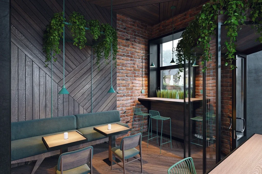 Modern coffee shop featuring a distressed brick wall and industrial decor.