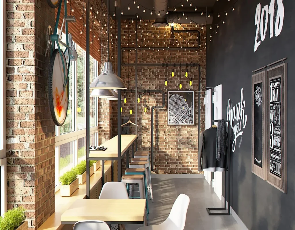 Cafe window seating area featuring high stools and a long wooden counter.